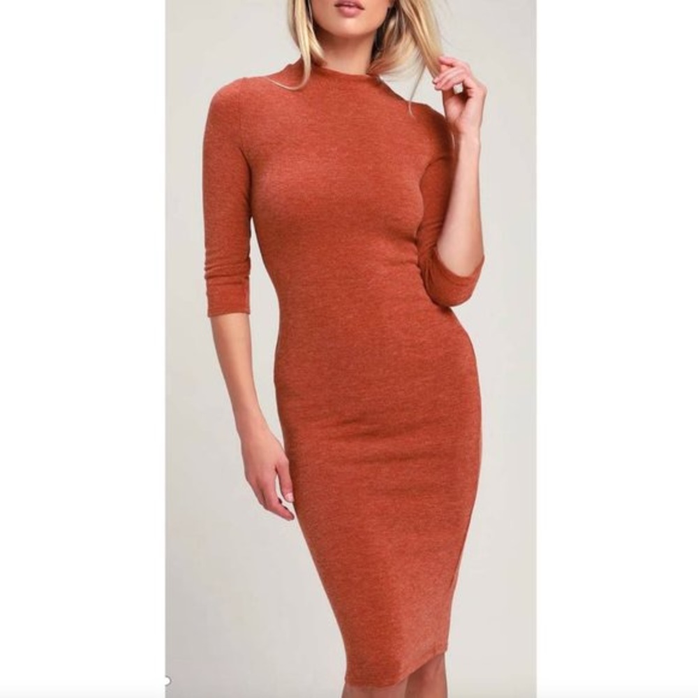 Lulus Conversation Starter Rust Orange Mock Neck Midi Sweater Dress Size xs